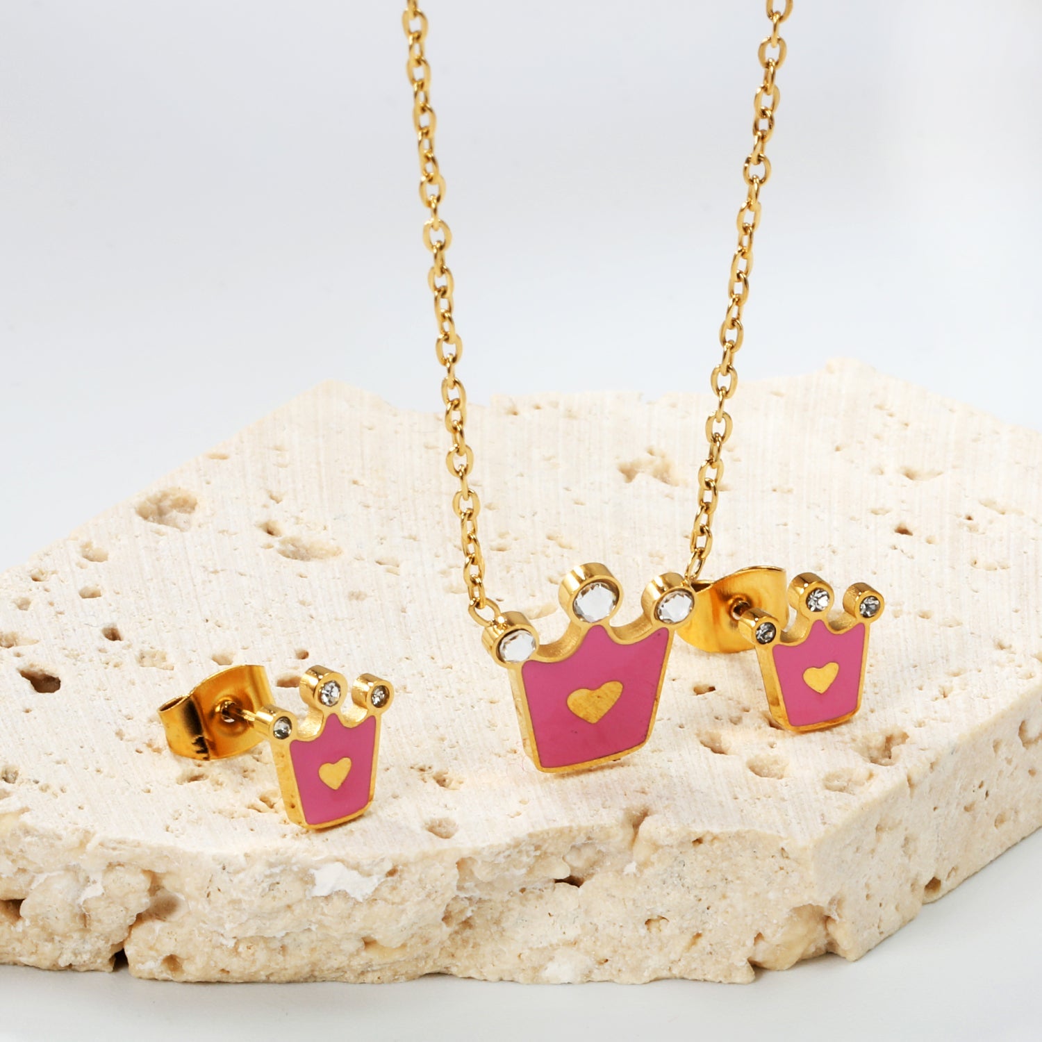8*8.4mm Crown with Pink Oil Drip Earrings + 11.7*12mm Pendant Necklace Set Cross 0.35 45+5cm+6mm Round Tail Plaque Set Steel Color / Gold asonjewelry