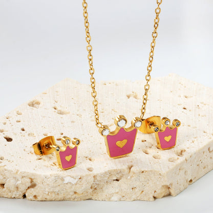 8*8.4mm Crown with Pink Oil Drip Earrings + 11.7*12mm Pendant Necklace Set Cross 0.35 45+5cm+6mm Round Tail Plaque Set Steel Color / Gold asonjewelry