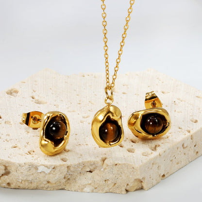 Tiger Eye Set Gold 0.3 Cross 40+5cm+6mm Earring+8.3*11.6mm Pendant Necklace 8.3*11.6mm Round Tail Plaque Set Gold color asonjewelry