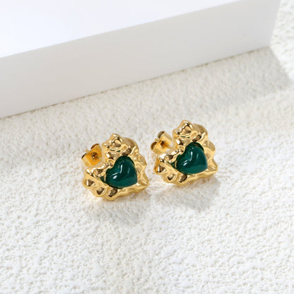 Pink & Green & Navy Blue Diamonds Convex Heart Stud Earrings 15*15.6mm Gold Color asonjewelry