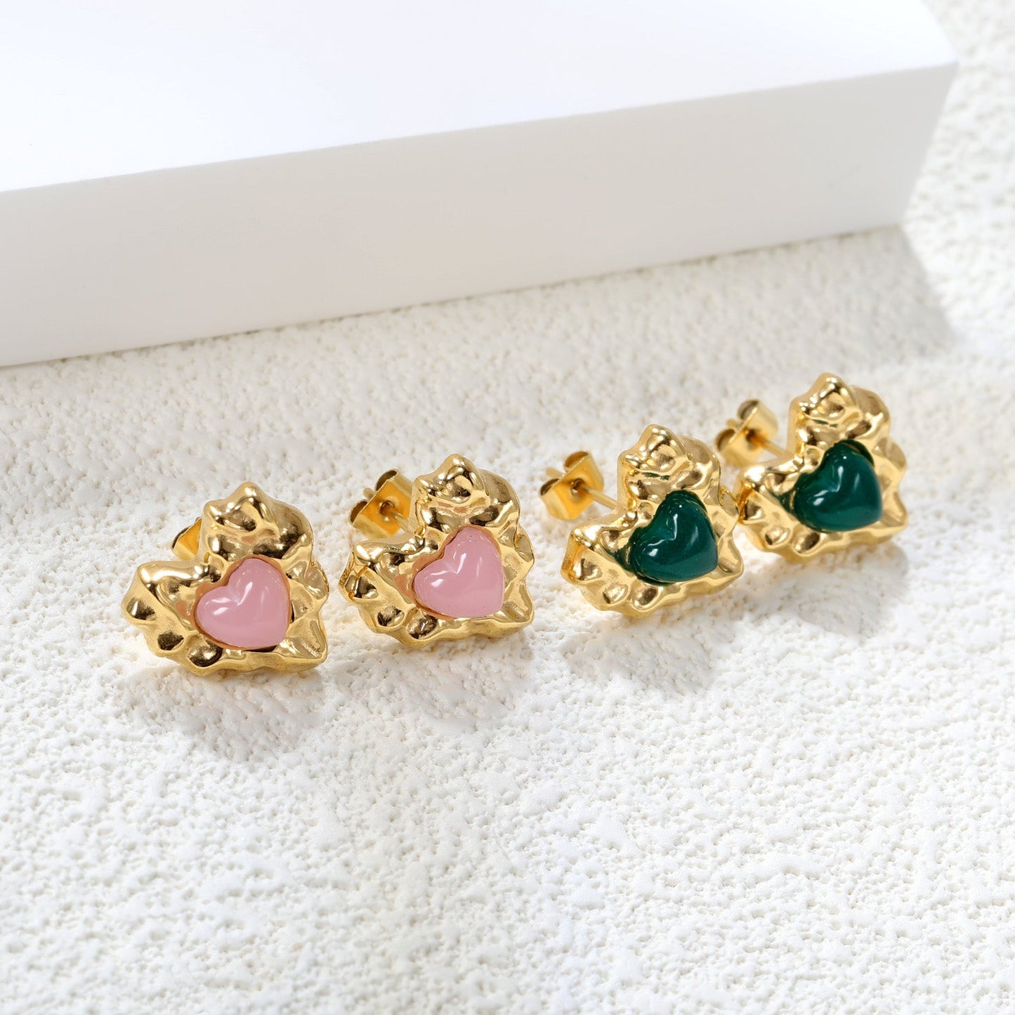 Pink & Green & Navy Blue Diamonds Convex Heart Stud Earrings 15*15.6mm Gold Color asonjewelry