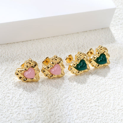 Pink & Green & Navy Blue Diamonds Convex Heart Stud Earrings 15*15.6mm Gold Color asonjewelry