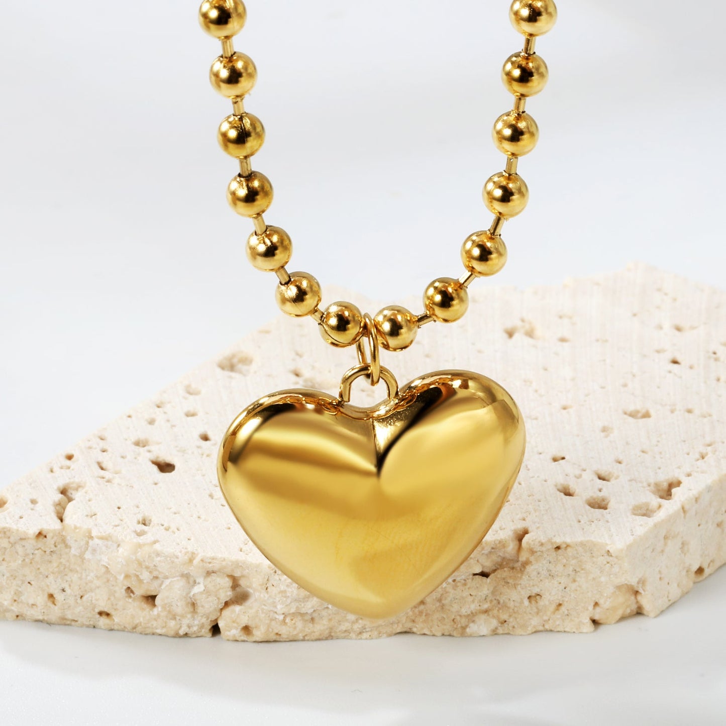 26.5*23mm Hollow Heart Pendant Necklace 4.0 Wave Bead Chain 45+5cm+6mm Round Plaque Steel Color asonjewelry