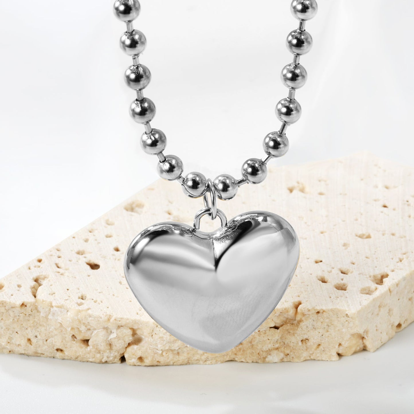 26.5*23mm Hollow Heart Pendant Necklace 4.0 Wave Bead Chain 45+5cm+6mm Round Plaque Steel Color asonjewelry