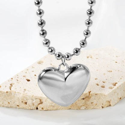 26.5*23mm Hollow Heart Pendant Necklace 4.0 Wave Bead Chain 45+5cm+6mm Round Plaque Steel Color asonjewelry