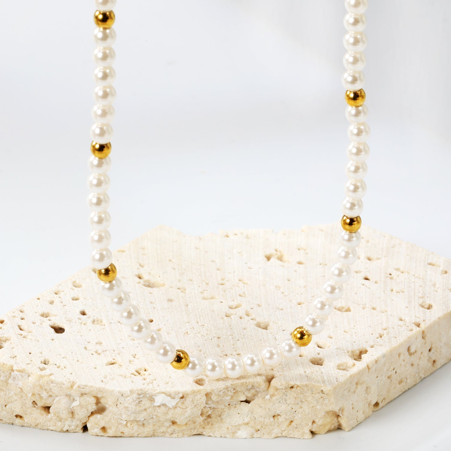 3.2mm white shell beads + 3mm small steel beads necklace 40+5cm+6mm round plaque gold color asonjewelry