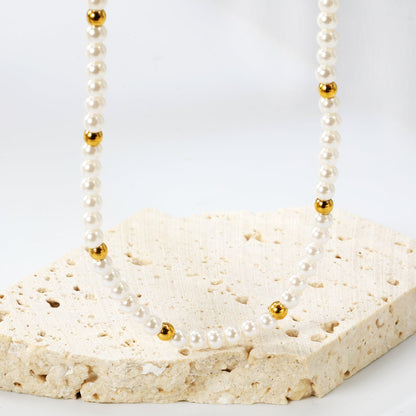 3.2mm white shell beads + 3mm small steel beads necklace 40+5cm+6mm round plaque gold color asonjewelry