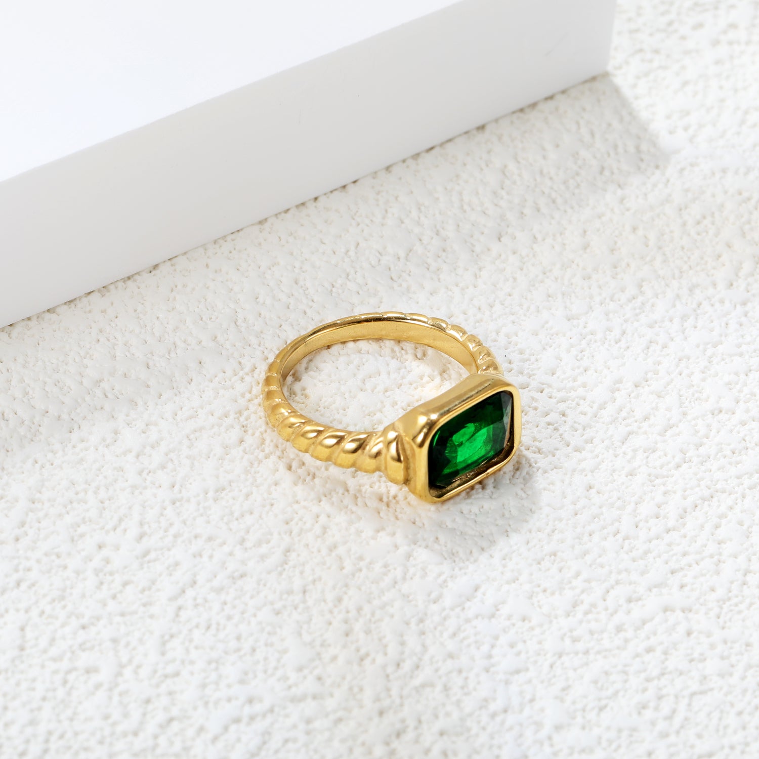 Oversized green diamonds on a threaded band ring. asonjewelry