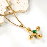 Cross with Round Brown Cat's Eye Pendant 30.2*35mm Twist Chain Necklace 2*45+5cm