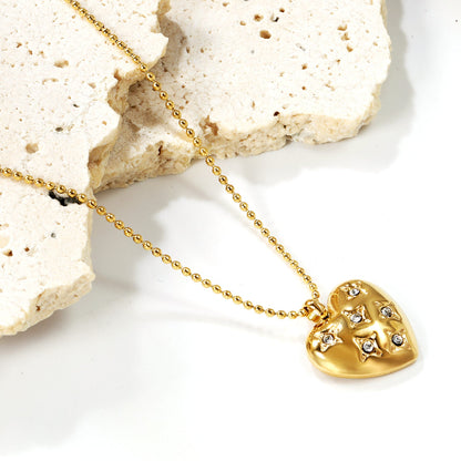 15*16.8mm heart with 6 white diamonds pendant+1.2mm bobble chain necklace 45+5cm asonjewelry