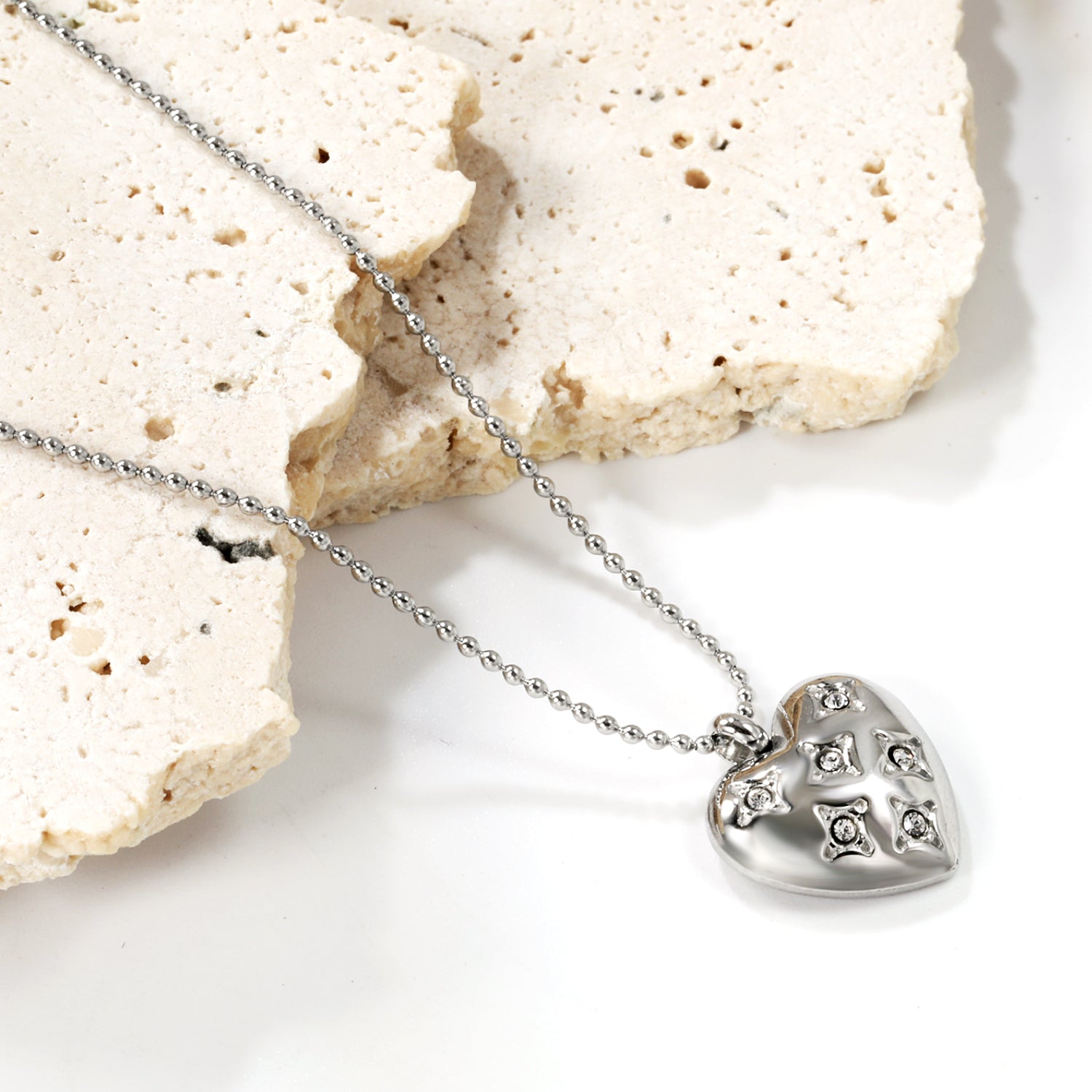 15*16.8mm heart with 6 white diamonds pendant+1.2mm bobble chain necklace 45+5cm asonjewelry