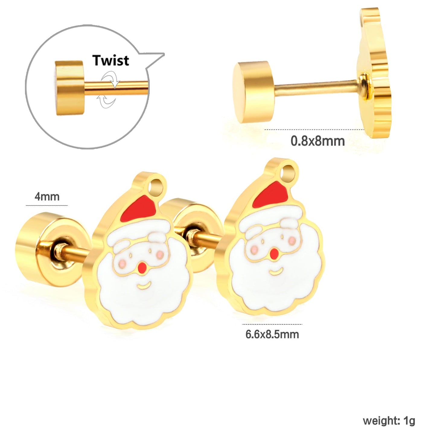 Children's Christmas Santa Claus twist plug earrings gold color asonjewelry