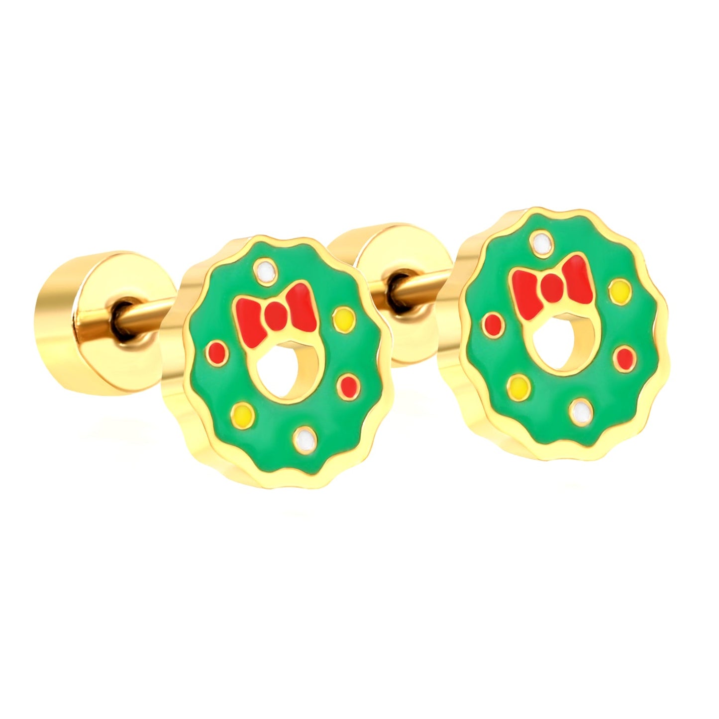 Children's Christmas green oil drop round twist plug earrings gold color asonjewelry
