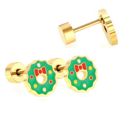 Children's Christmas green oil drop round twist plug earrings gold color asonjewelry