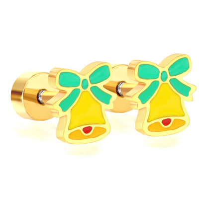 Children's Christmas bell twist plug earrings gold color asonjewelry