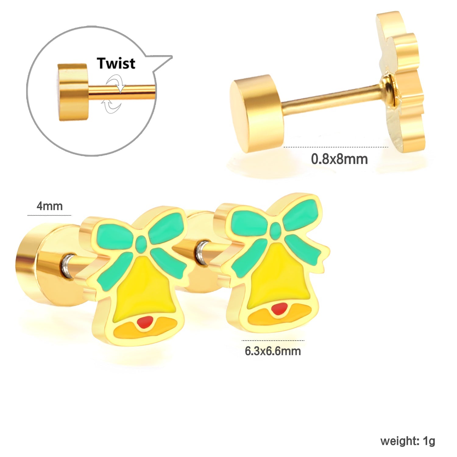Children's Christmas bell twist plug earrings gold color asonjewelry
