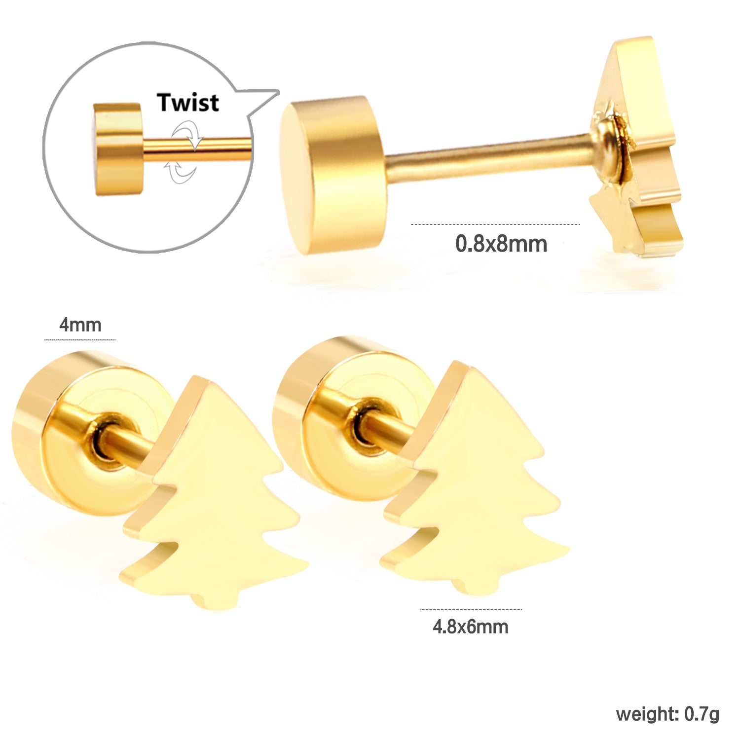 Children's Christmas Glossy Tree Shape Twist Earrings gold color asonjewelry