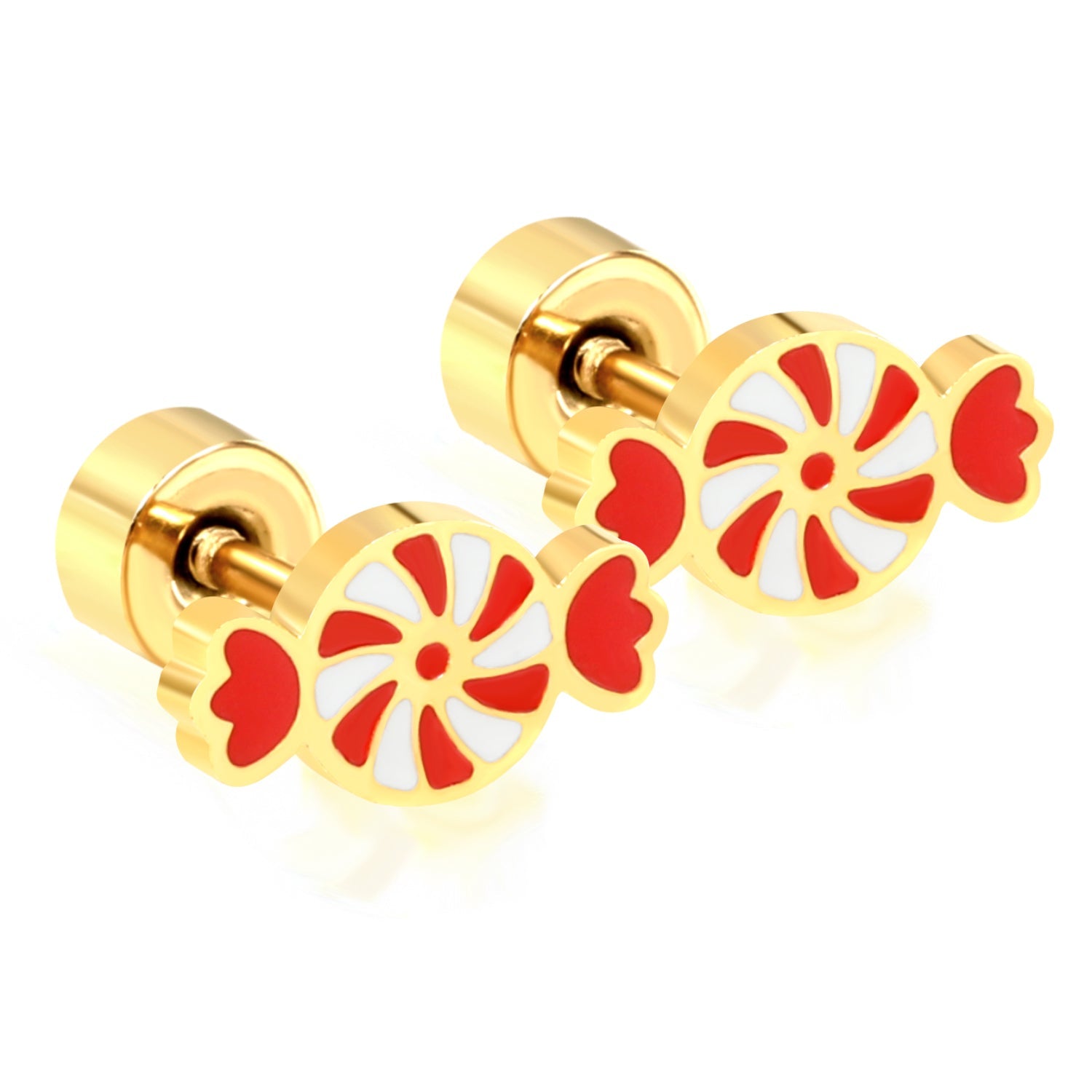 Children's Christmas carousel candy shape twist plug earrings gold color asonjewelry