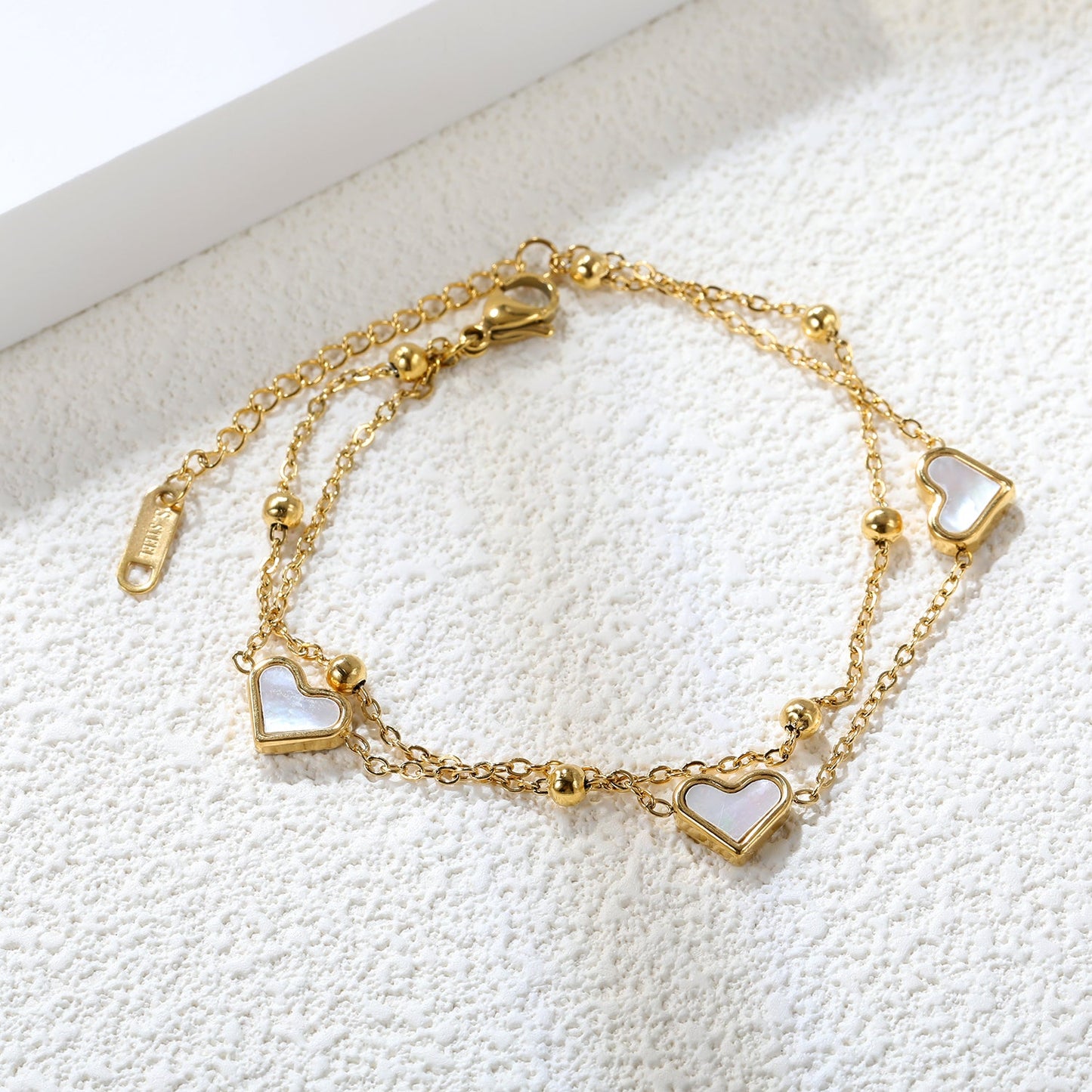 3 Heart Shaped White Shells Accessories + Beaded Chain Matching Chain Double Hand Chain 0+0cm asonjewelry