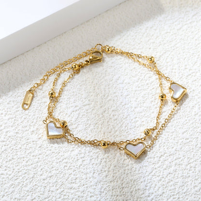 3 Heart Shaped White Shells Accessories + Beaded Chain Matching Chain Double Hand Chain 0+0cm asonjewelry