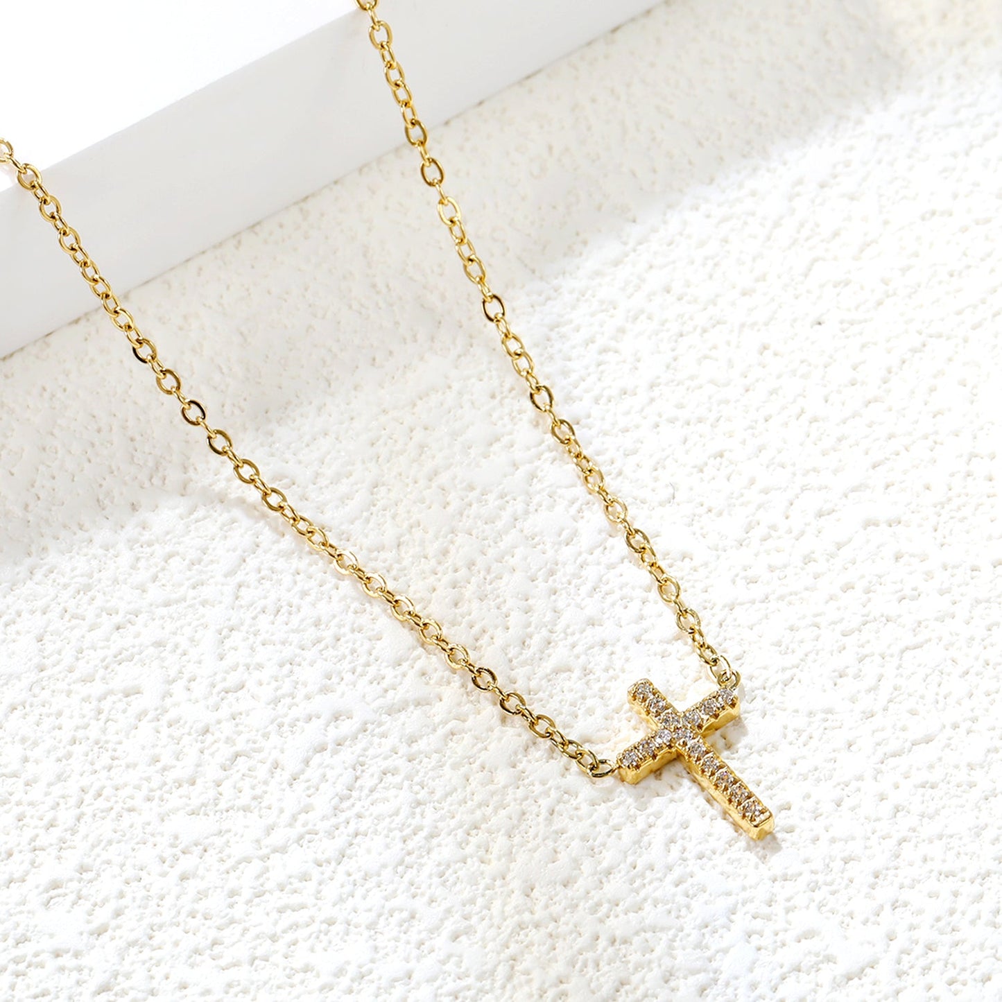 10*15mm cross with white diamond pendant necklace 42+5cm steel color/golden asonjewelry