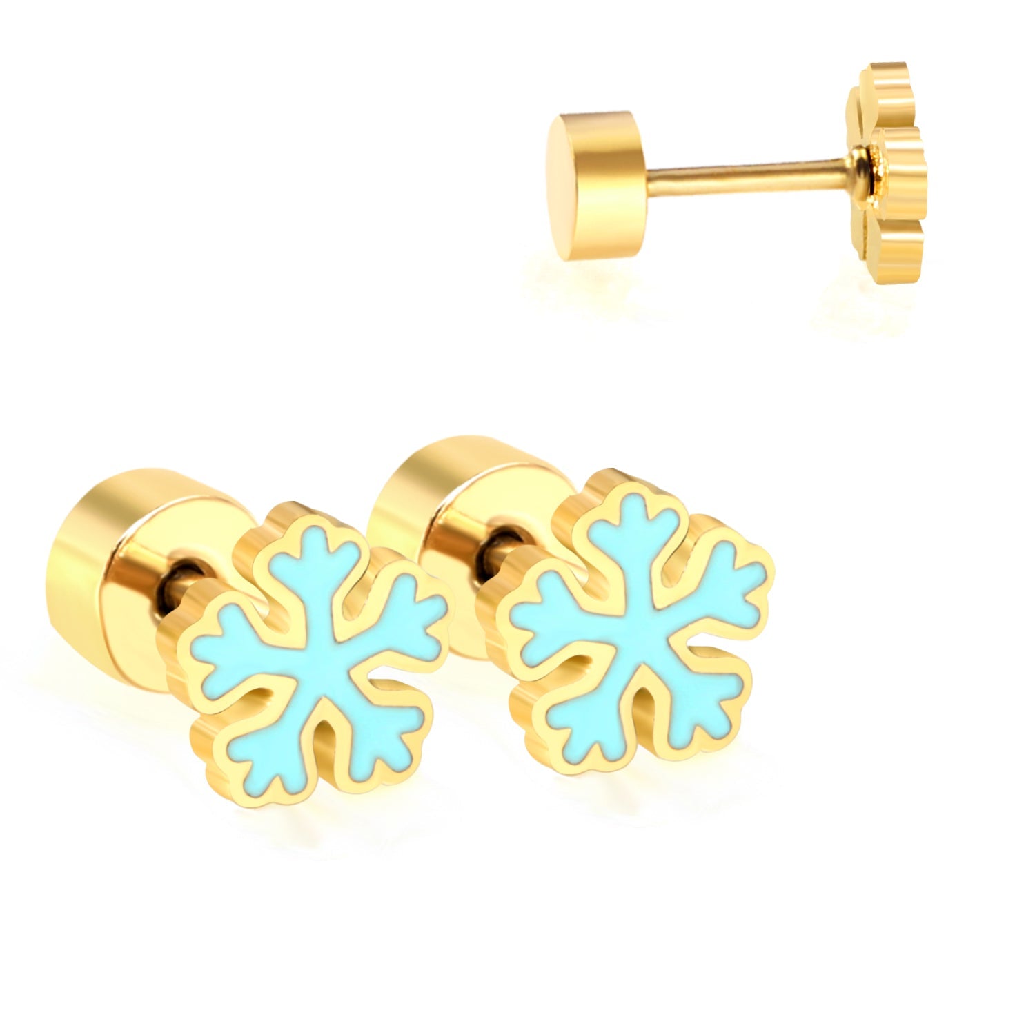 Children's Christmas snowflake shaped twisted plug earrings gold color asonjewelry