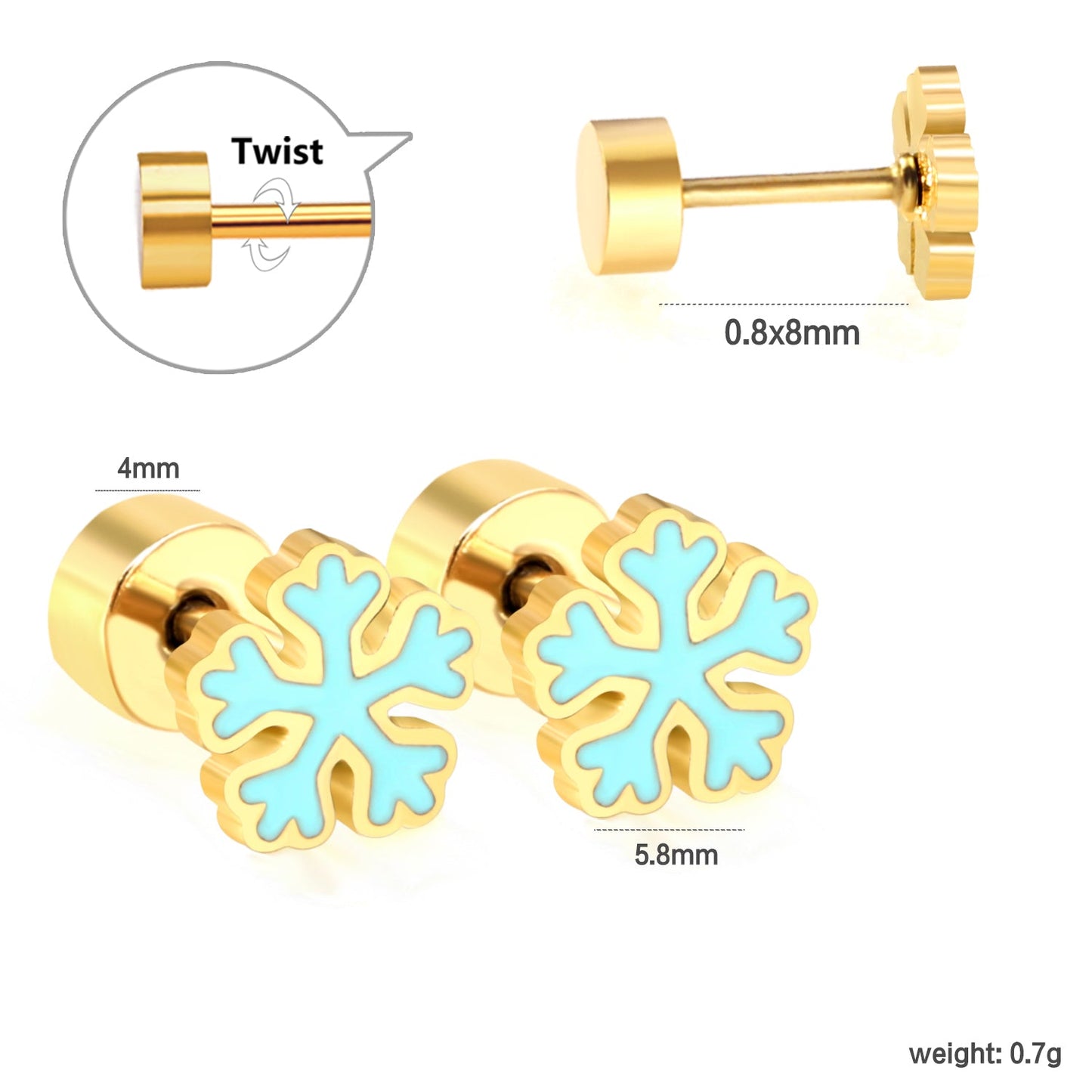 Children's Christmas snowflake shaped twisted plug earrings gold color asonjewelry