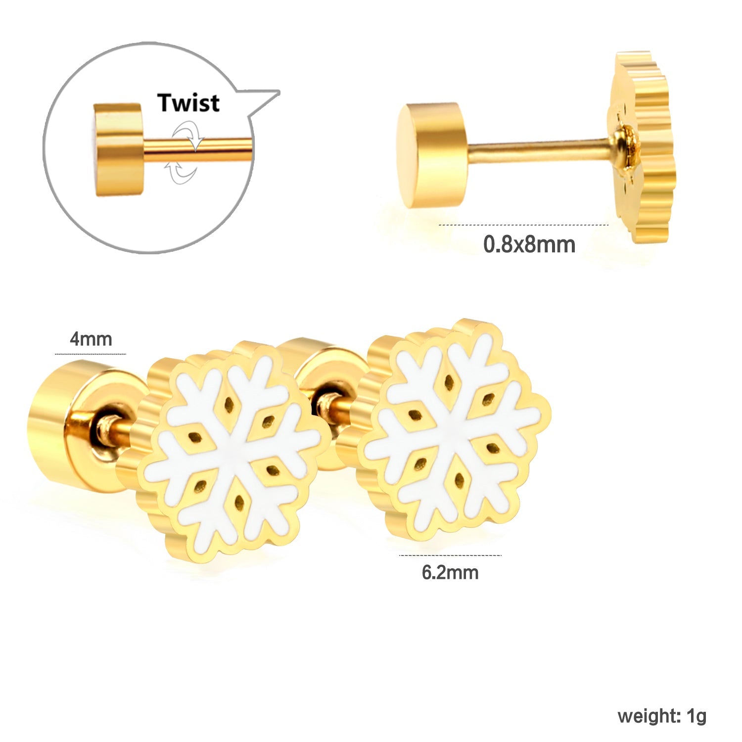 Children's Christmas winter snowflake twist plug earrings gold color asonjewelry