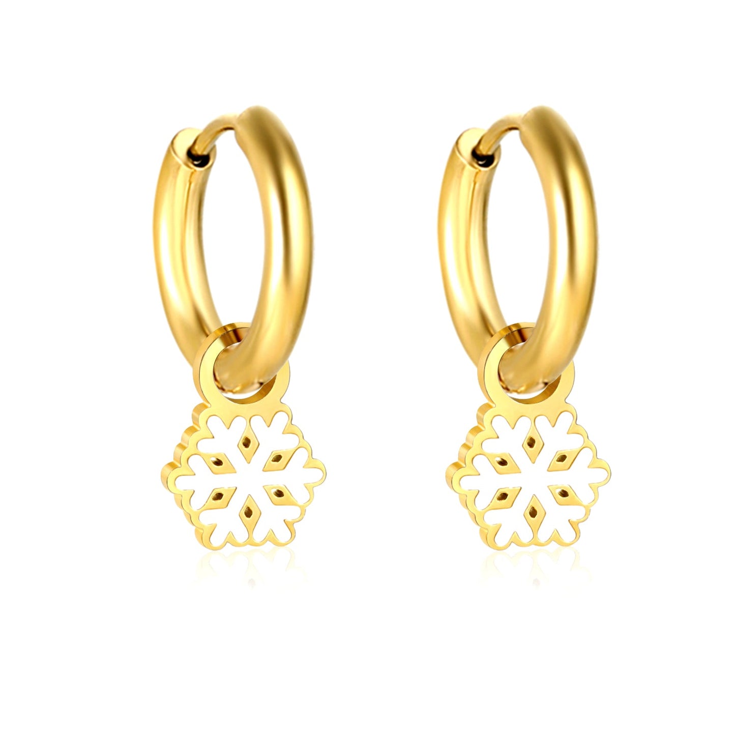 2*10mm circle + 7*9.5mm snowflake earrings with white oil drops steel color/golden color asonjewelry