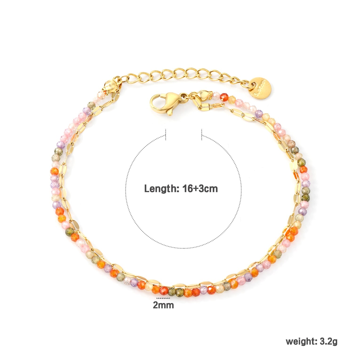 2mm color zirconium beads*18cm+double lip chain 16+3cm end chain+6mm round plate Double chain bracelet Steel/Golden asonjewelry