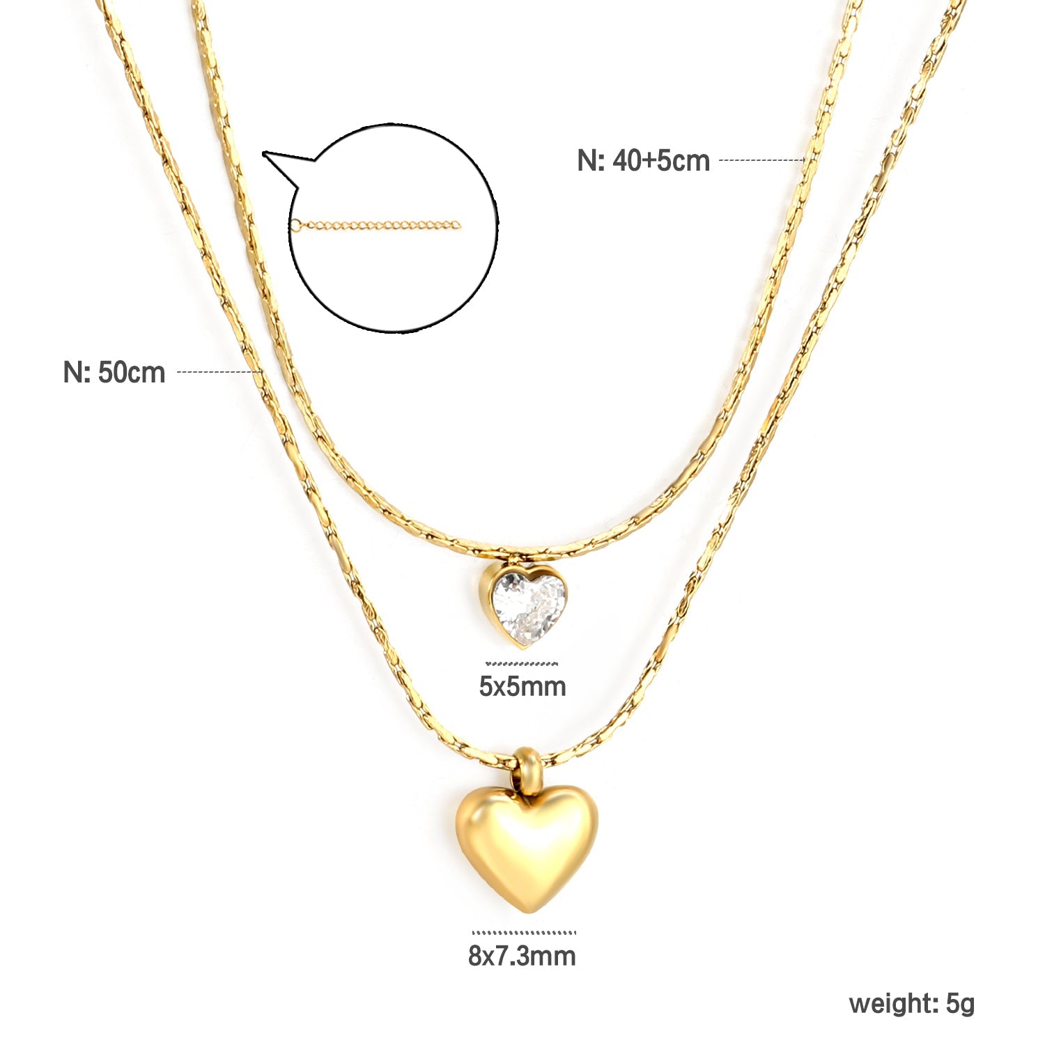 8*7.3mm hollow heart pendant 5*5mm heart shape sticky white diamond 0.9 hammer square chain 50+40+5cm+6mm round plate double chain necklace Golden asonjewelry