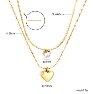8*7.3mm hollow heart pendant 5*5mm heart shape sticky white diamond 0.9 hammer square chain 50+40+5cm+6mm round plate double chain necklace Golden