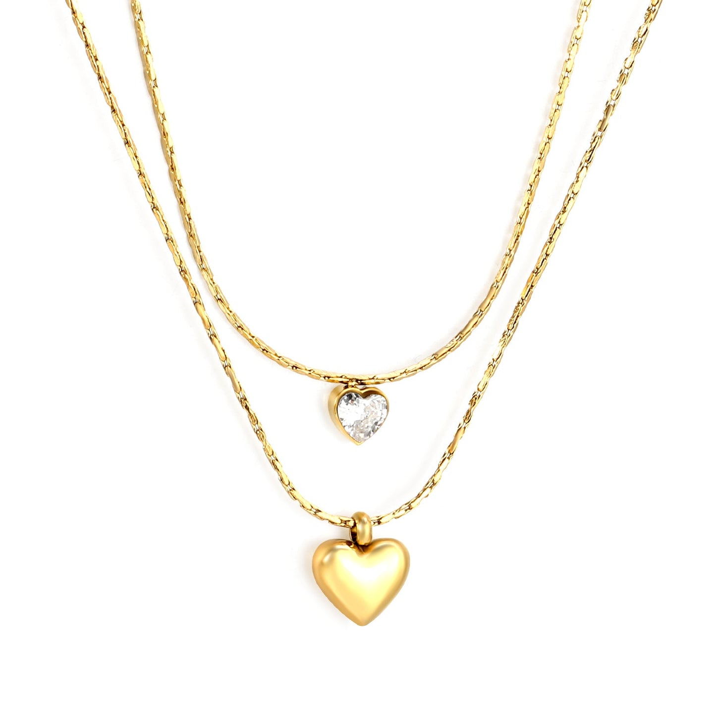 8*7.3mm hollow heart pendant 5*5mm heart shape sticky white diamond 0.9 hammer square chain 50+40+5cm+6mm round plate double chain necklace Golden asonjewelry