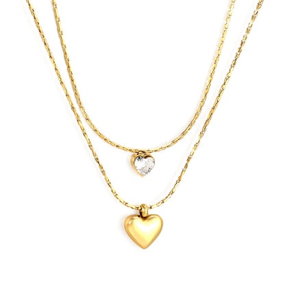 8*7.3mm hollow heart pendant 5*5mm heart shape sticky white diamond 0.9 hammer square chain 50+40+5cm+6mm round plate double chain necklace Golden asonjewelry