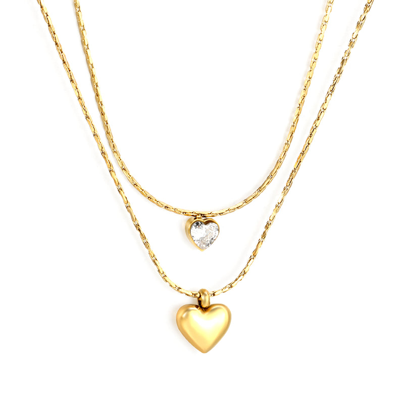 8*7.3mm hollow heart pendant 5*5mm heart shape sticky white diamond 0.9 hammer square chain 50+40+5cm+6mm round plate double chain necklace Golden