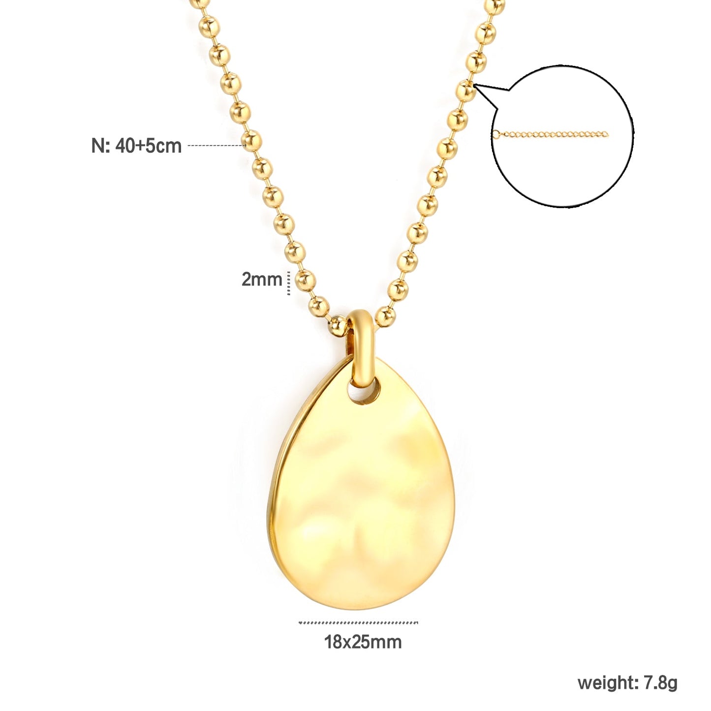 18*25mm teardrop pendant 2mm bead chain*40+5cm+6mm round plate necklace gold color asonjewelry
