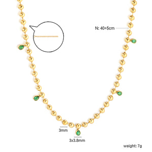 3*3.8mm teardrop emerald diamonds accessories 3mm beads chain *40+5cm+6mm round plaque Necklace Golden