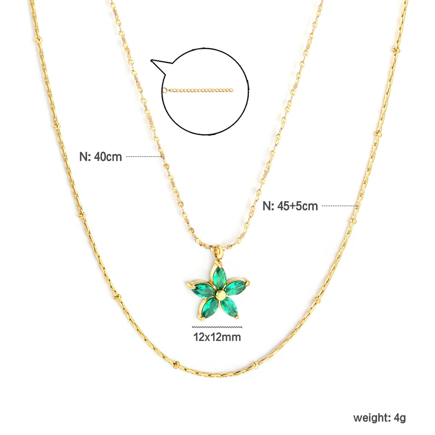 12*12mm Flower with Green Zirconia Pendant 0.9 Hammered Round Clip Bead*45cm+0.9 Full Star 40+5cm+6mm Round Plaque Double Chain Necklace GOLDEN asonjewelry