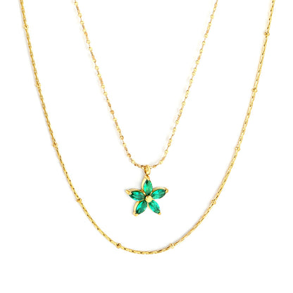 12*12mm Flower with Green Zirconia Pendant 0.9 Hammered Round Clip Bead*45cm+0.9 Full Star 40+5cm+6mm Round Plaque Double Chain Necklace GOLDEN asonjewelry