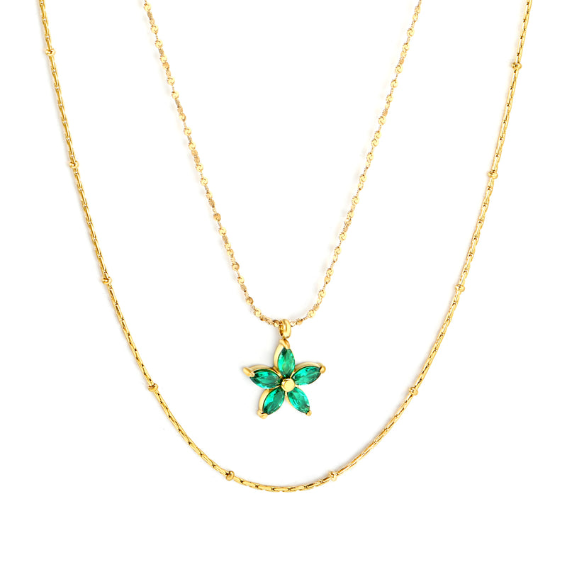 12*12mm Flower with Green Zirconia Pendant 0.9 Hammered Round Clip Bead*45cm+0.9 Full Star 40+5cm+6mm Round Plaque Double Chain Necklace GOLDEN