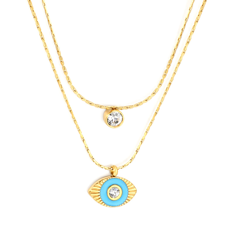 13*8mm horizontal eye drop light blue oil stick white diamond pendant 5mm cylindrical stick white diamond accessories 0.9 hammer square chain 50+40+5cm+6mm round plate double chain necklace gold color