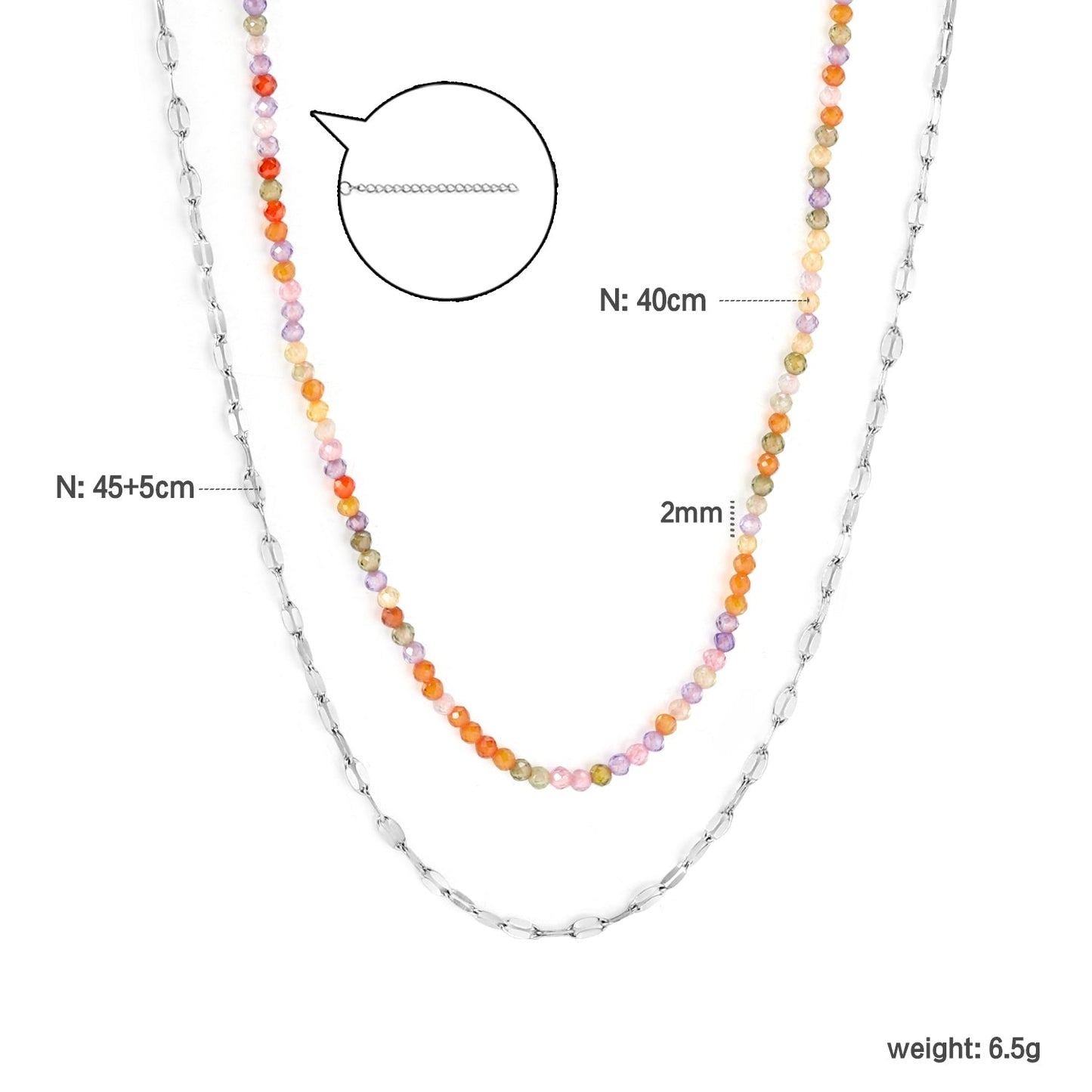 2mm color zirconia beads*40cm double lip chain45+5cm end chain+6mm round plate double necklace Steel/Golden asonjewelry