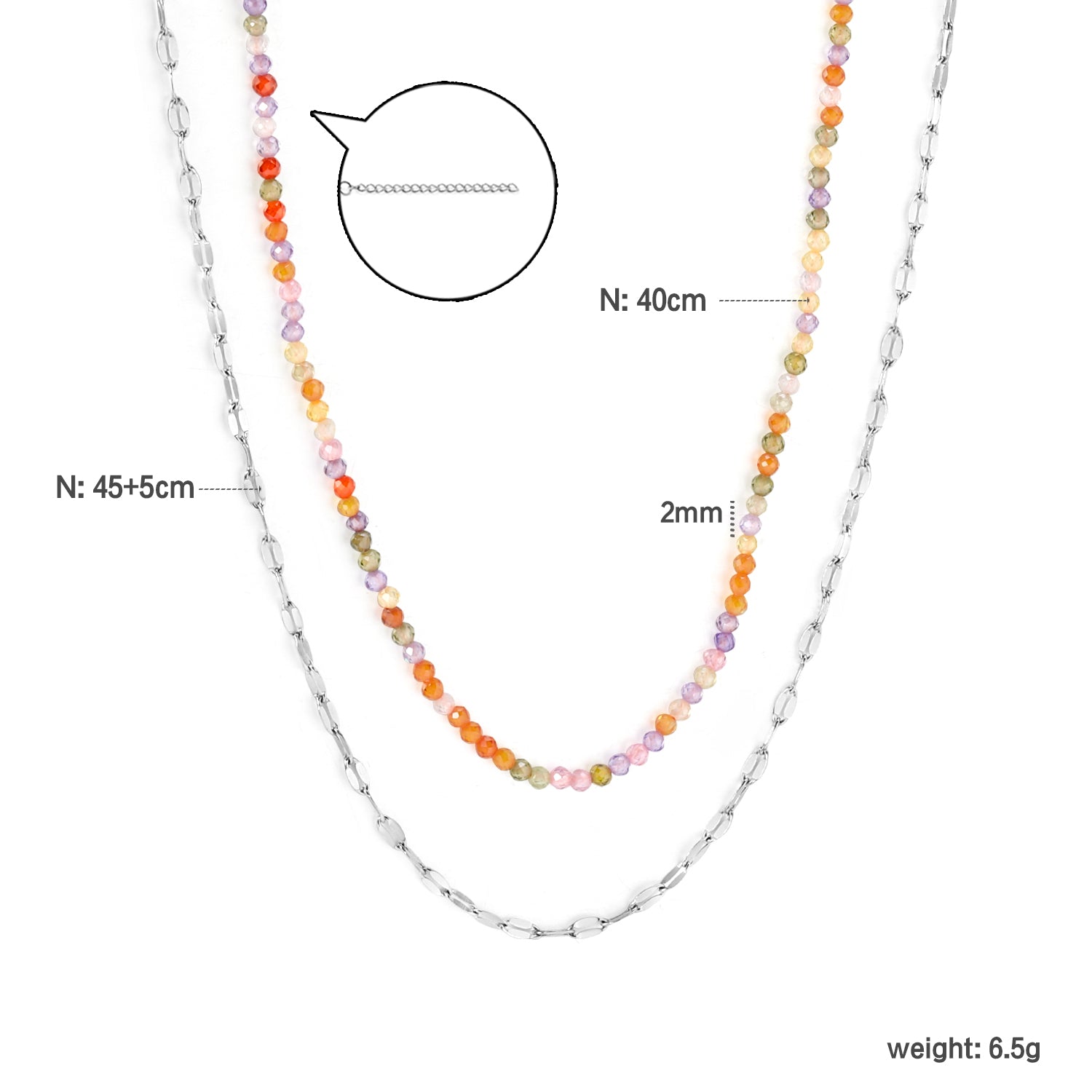 2mm color zirconia beads*40cm double lip chain45+5cm end chain+6mm round plate double necklace Steel/Golden asonjewelry