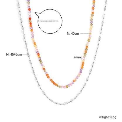 2mm color zirconia beads*40cm double lip chain45+5cm end chain+6mm round plate double necklace Steel/Golden asonjewelry