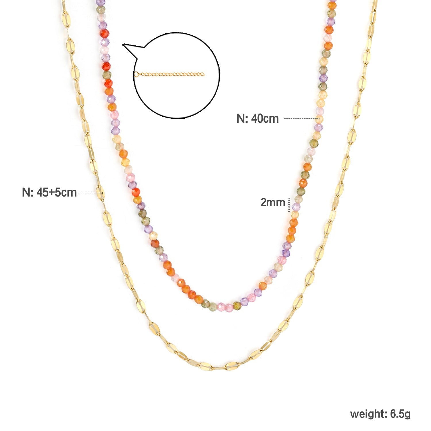 2mm color zirconia beads*40cm double lip chain45+5cm end chain+6mm round plate double necklace Steel/Golden asonjewelry