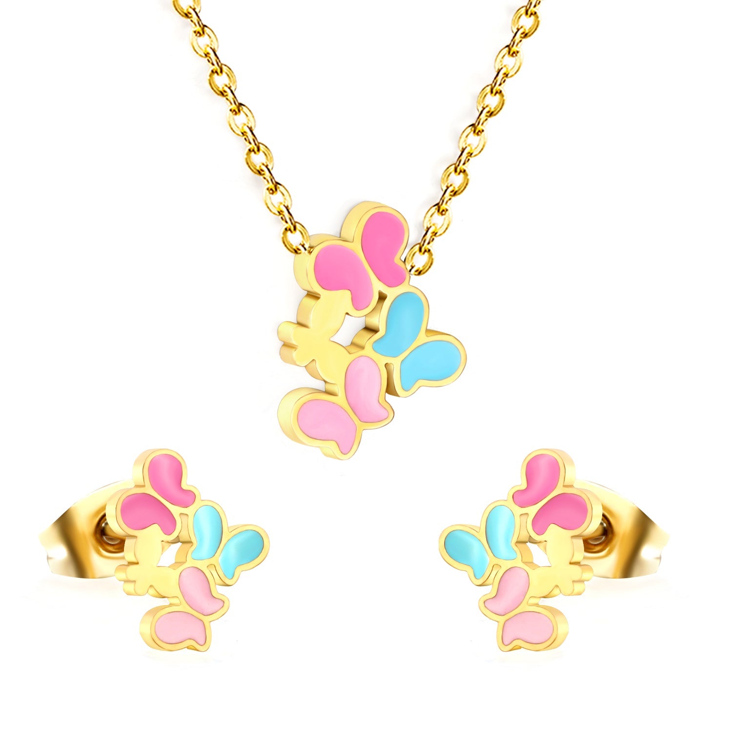Mixed Color Butterfly Set Gold Earrings: 7.7*9.8mm Pendant: 9.4*12mm 0.3 Cross Chain 40+5cm+6mm Round Plaque asonjewelry
