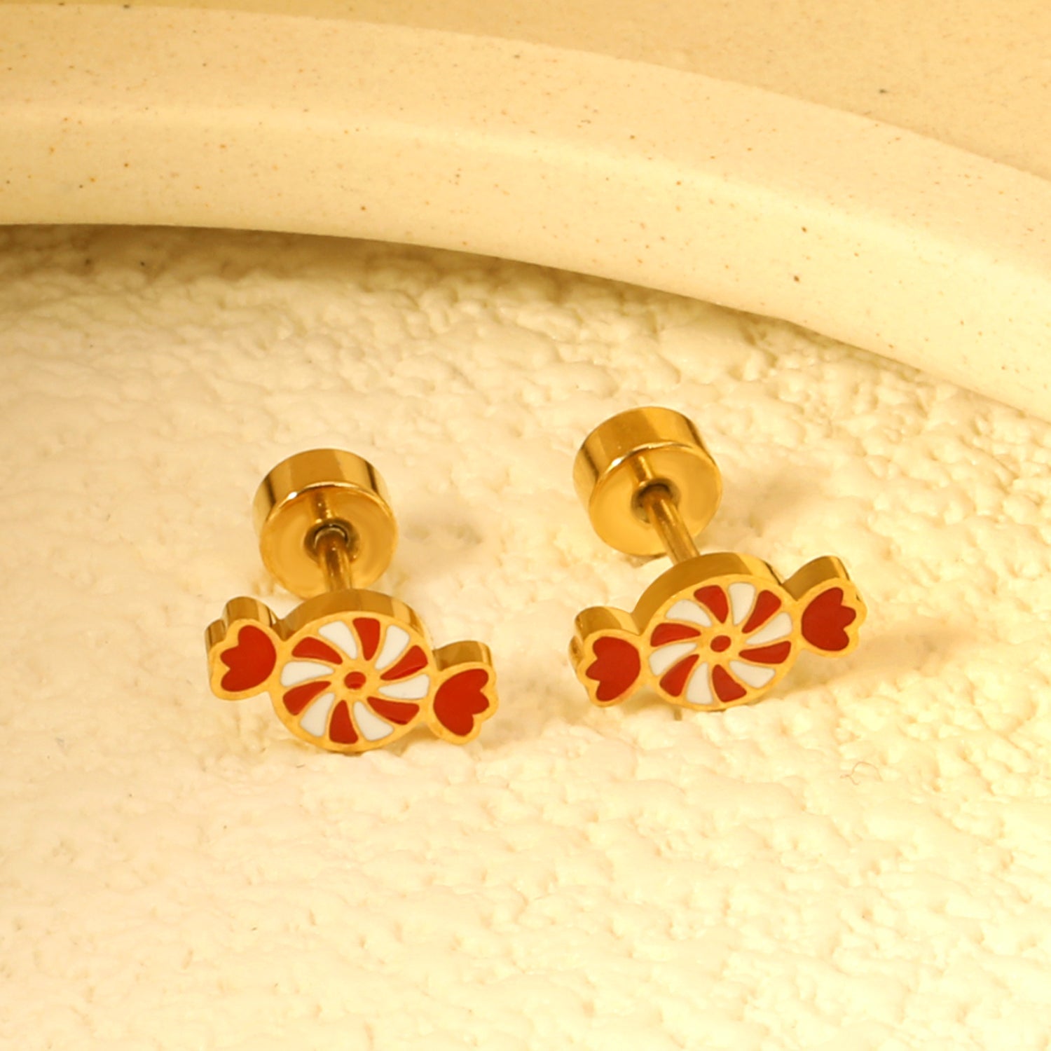 Children's Christmas carousel candy shape twist plug earrings gold color asonjewelry