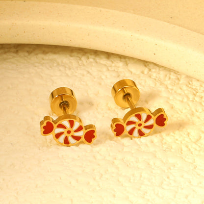 Children's Christmas carousel candy shape twist plug earrings gold color asonjewelry