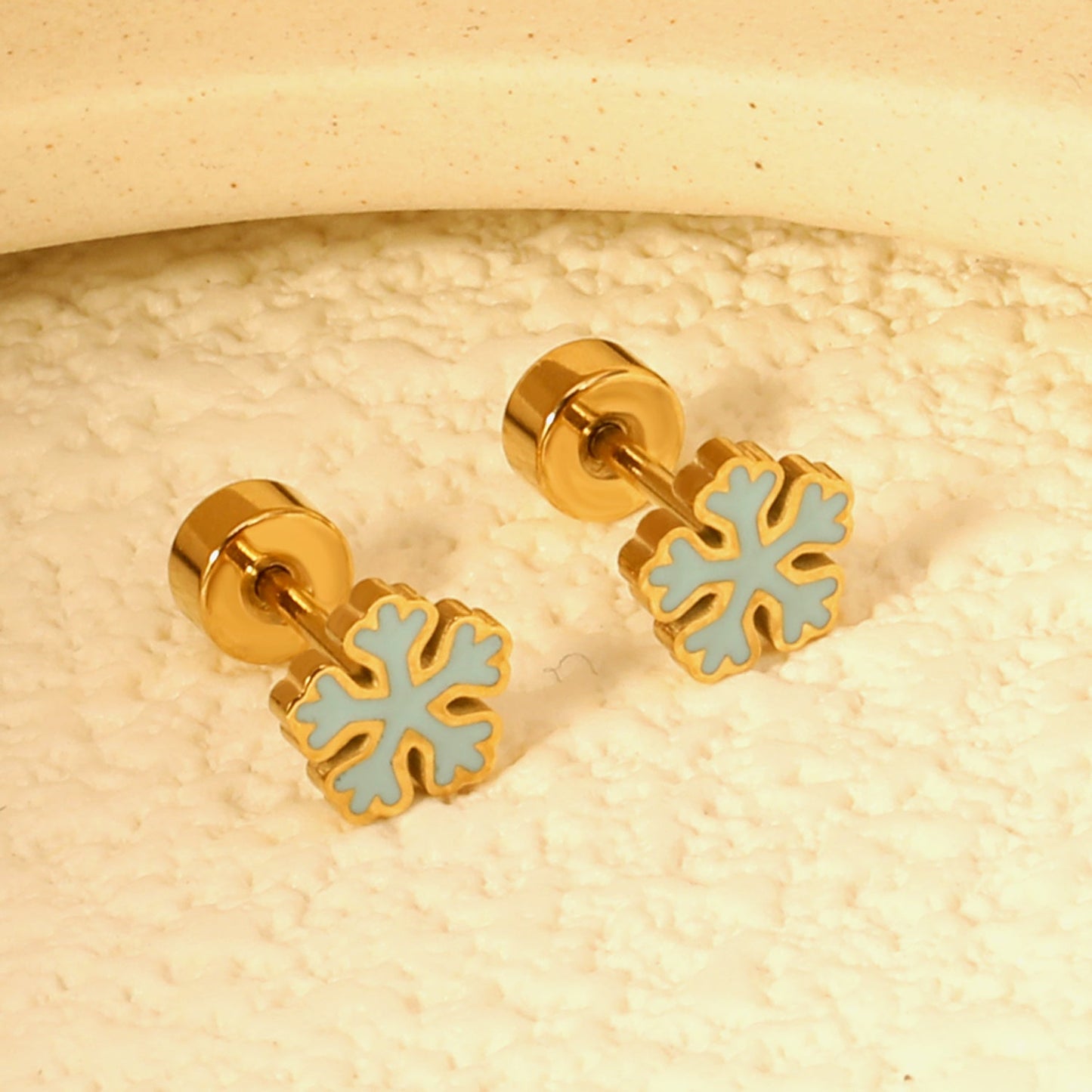 Children's Christmas snowflake shaped twisted plug earrings gold color asonjewelry