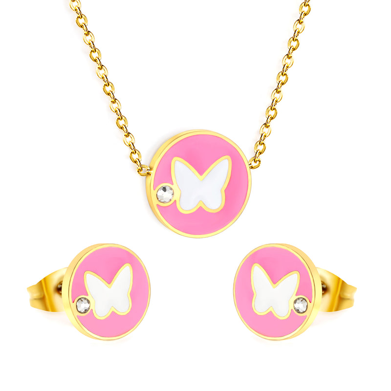 Round Butterfly Sticky White Diamonds Set Gold Earrings: 10mm Pendant: 11.8mm 0.3 Cross Chain 40+5cm+6mm Round Plaque